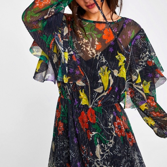 ZARA Floral Sheer Ruffles Vintage Midi Dress with slip. Exquisite design. Size S - Picture 6 of 8